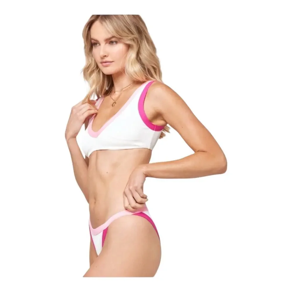 L Space Vacay White Pink Ribbed Bikini Bottom Stretch Women's Size Small NWOT